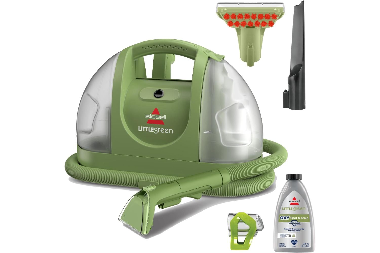 Bissell Little Green portable carpet and upholstery cleaner with accessories