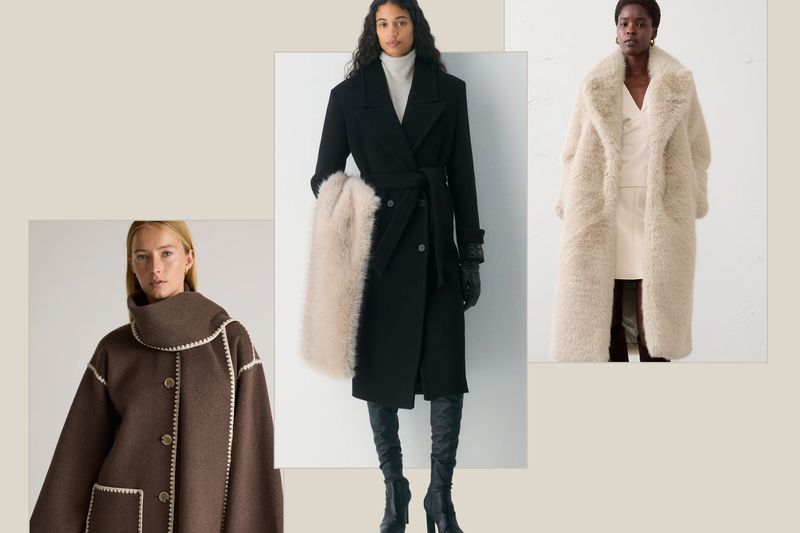 Three models showcasing various styles of coats including furlined fitted and patterned designs