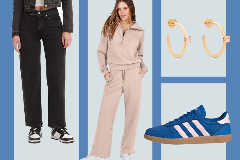 A collection of fashion items including pants a hoodie with matching pants gold hoop earrings and blue Adidas sneakers