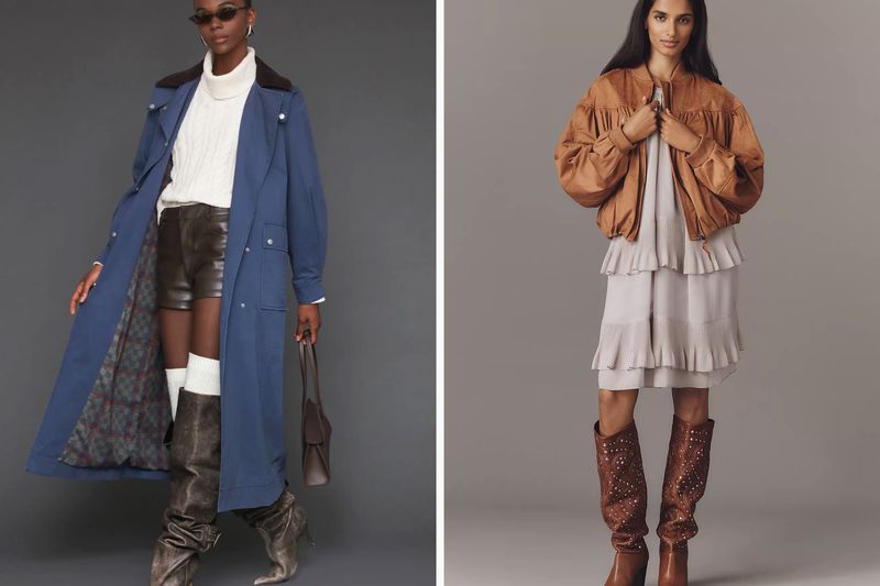 Two models showcasing outfits with coats and boots