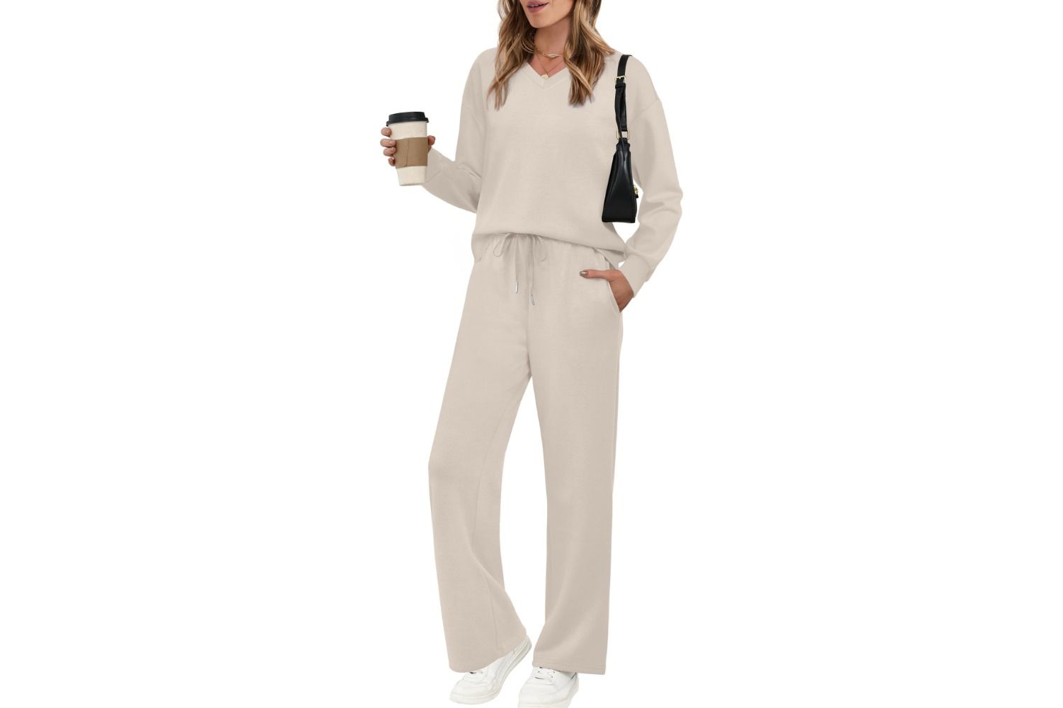 WIHOLL Lounge Sets for Women 2025 V Neck 2 Piece Outfits Airport 