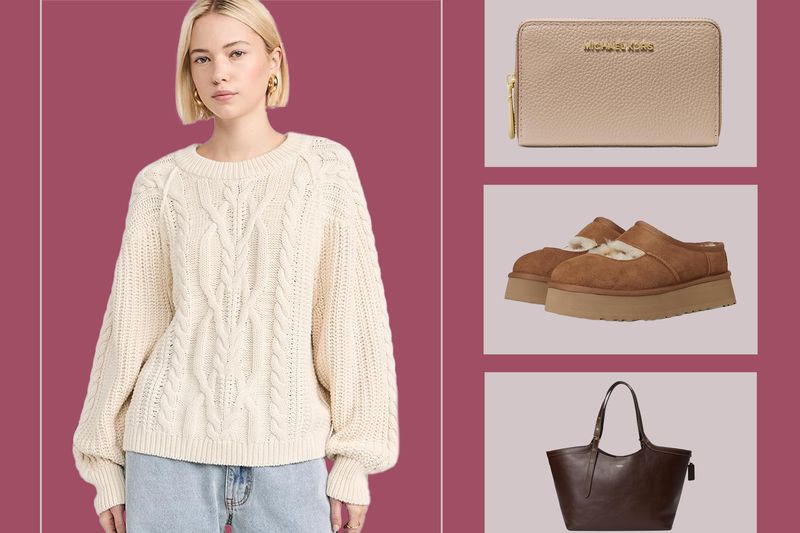 Collage featuring a person in a sweater and accessories including a wallet shoes and a handbag
