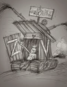 A black-and-white sketch of Putin in an outhouse.