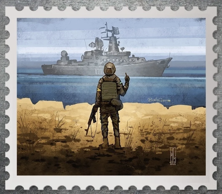 a postage stamp shows a uniformed soldier giving the middle finger to a russian battleship