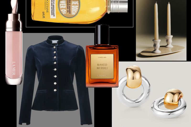 A collage of gift items including beauty products a jacket candles and jewelry