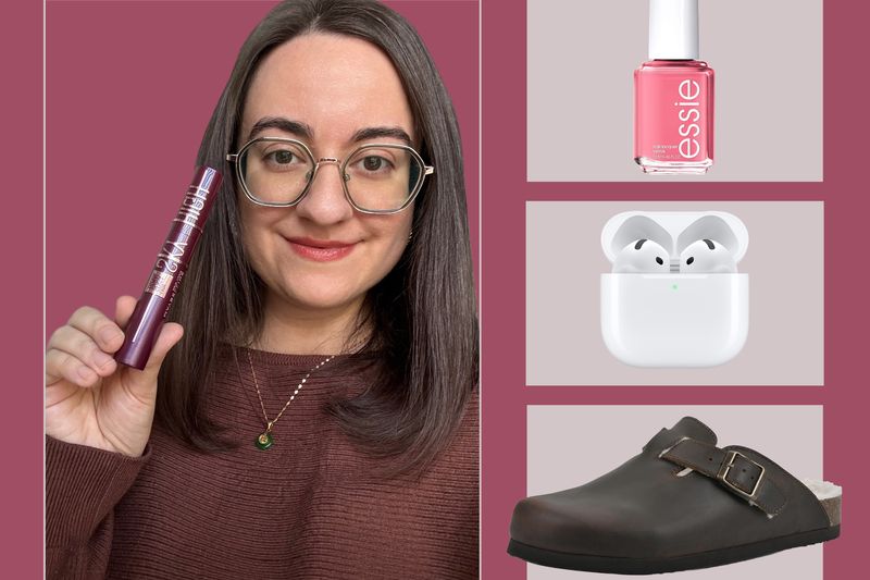 A person holding a mascara product with images of nail polish wireless earbuds and a shoe displayed alongside