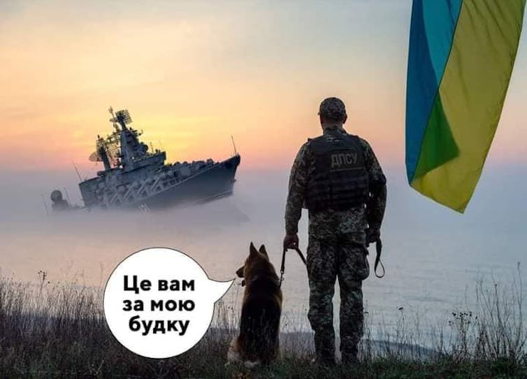 A meme shows a man and a dog watching a Russian warship sink as they stand next to a Ukrainian flag.