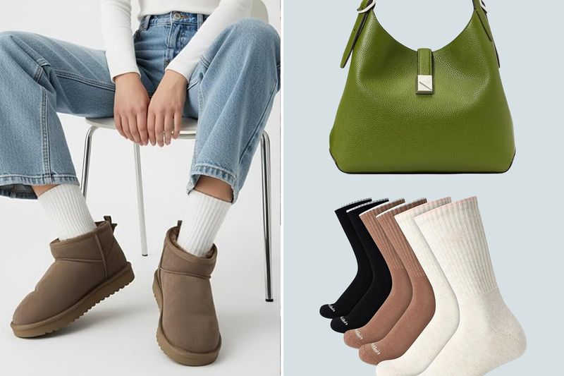 A person sits wearing cuffed jeans socks and tan footwear to the side are a green bag and an assortment of socks
