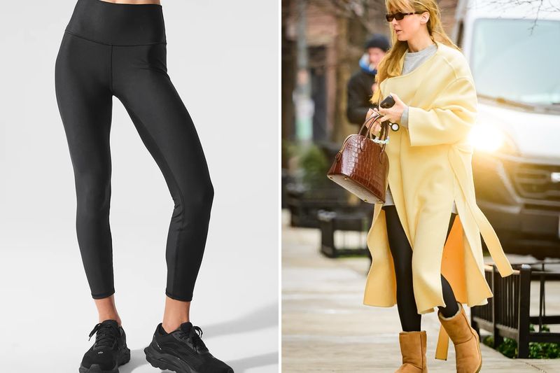 Sidebyside image of black leggings displayed on a mannequin and a person wearing similar leggings in a casual urban setting