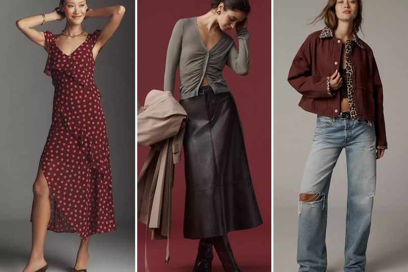Jessie Li modeling three different outfits including a dress a skirt with a top and jeans with a jacket