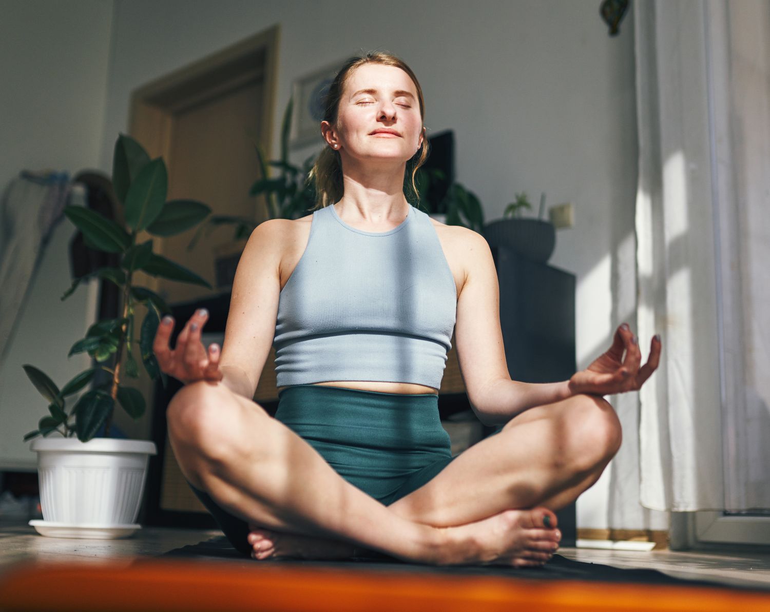 Person meditating crosslegged indoors with plants visible in the background